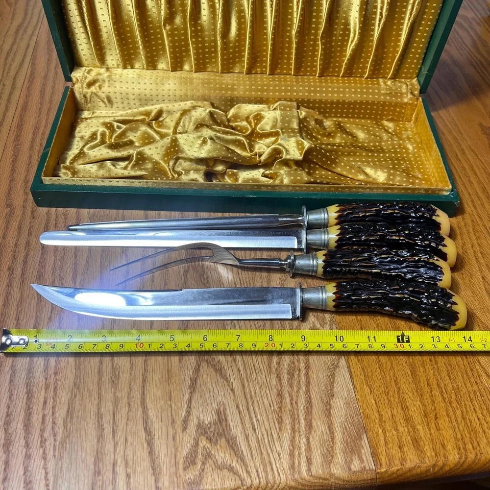 VTG Flint Stainless Vanadium USA Carving Set Faux Stag Handles Sharpener w case